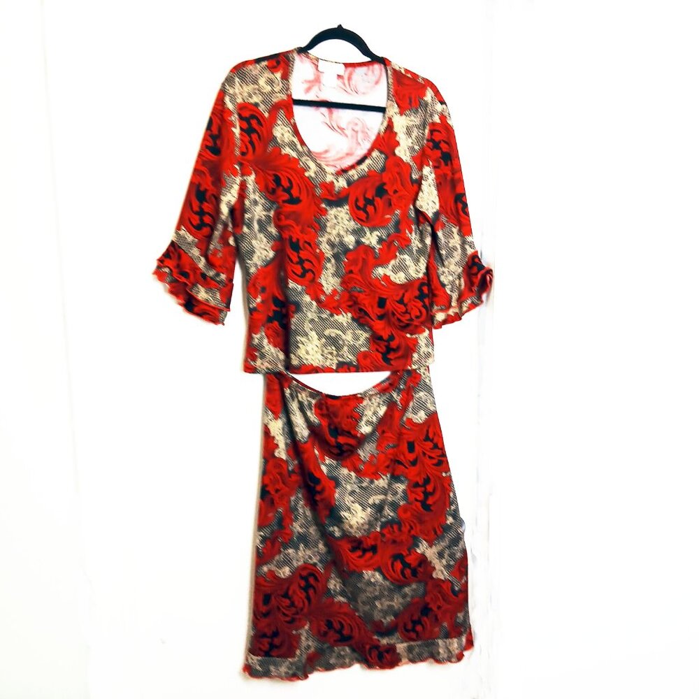 Y2K Maria Gabrielle Red Damask & Lace Print Ruffled Top & Skirt Set Sz XL/ L